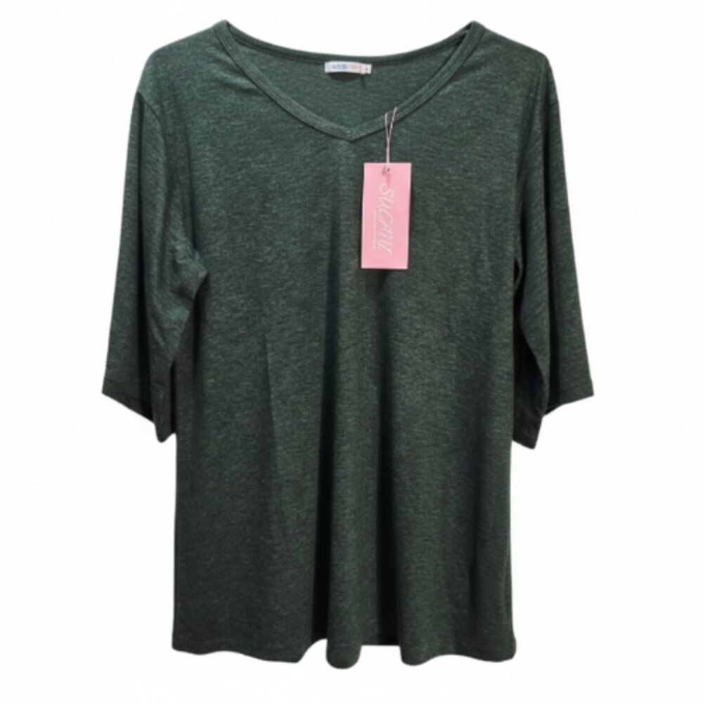 NWT | Forest Green Heathered V-Neck Top | Elbow Length Sleeves | M
